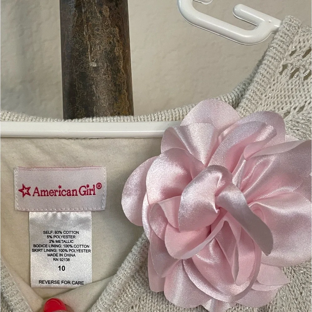 American Girl Sparkle Ivory woven Sz 10 dress A cutie pink brooch & woven ribbon